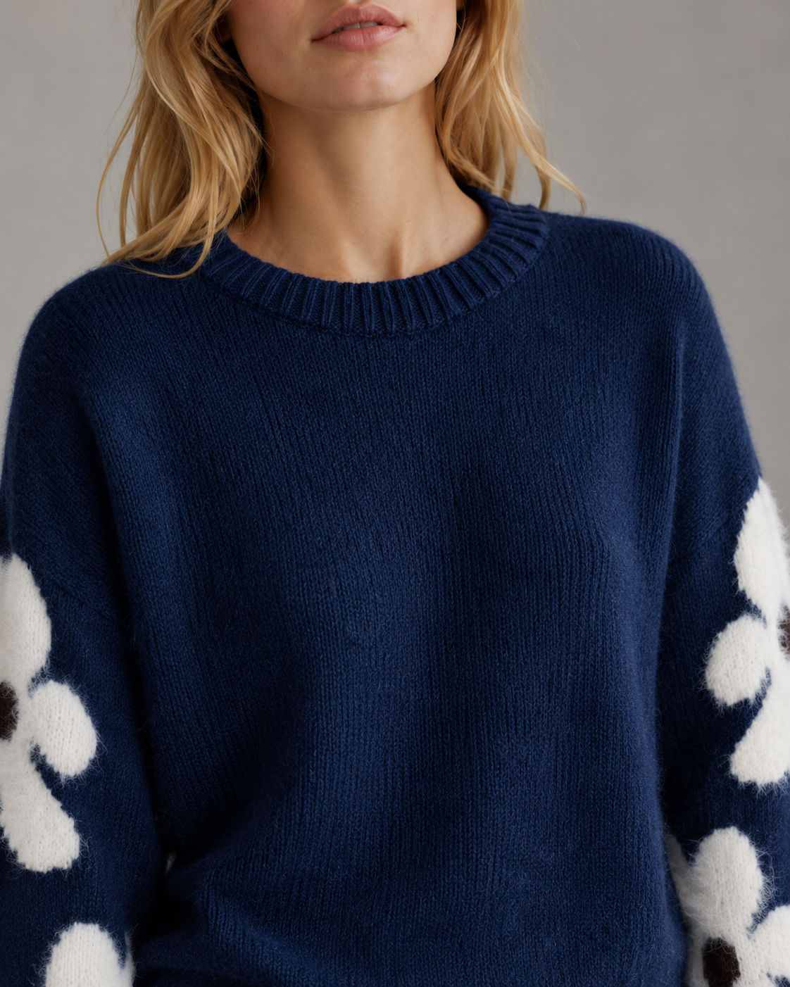 Women's Floral Sleeve Knitted Sweater - Crew Neck Relaxed Fit