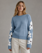 Women's Floral Sleeve Knitted Sweater - Crew Neck Relaxed Fit