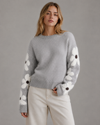 Women's Floral Sleeve Knitted Sweater - Crew Neck Relaxed Fit
