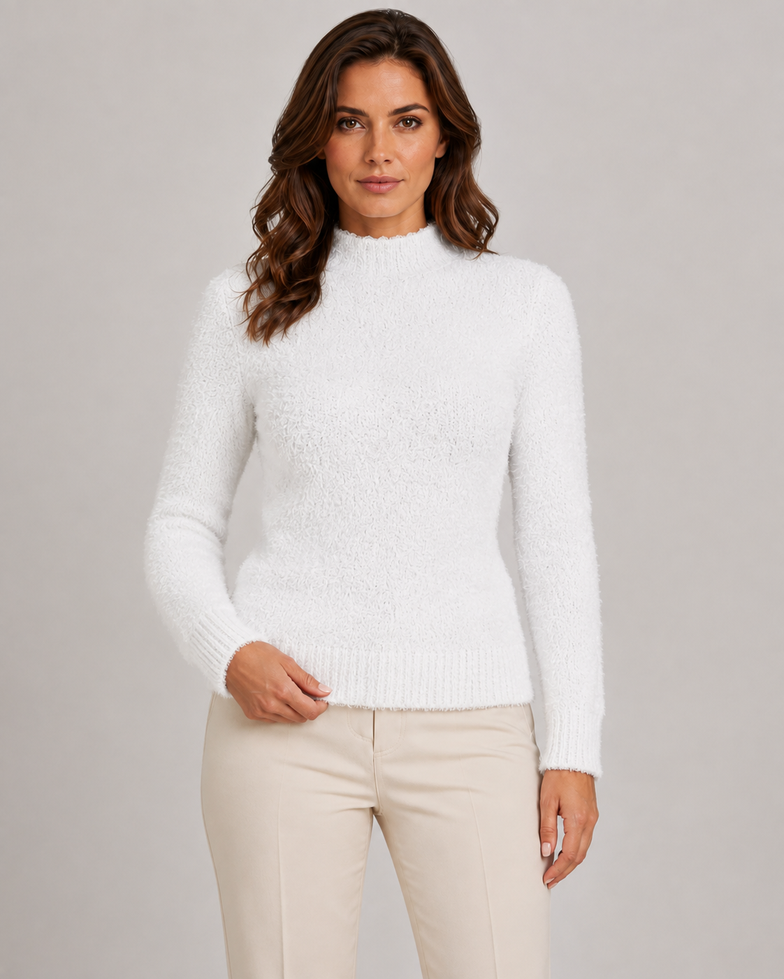 Women's Fluffy Knit Mock Neck Sweater - Fitted Long Sleeve