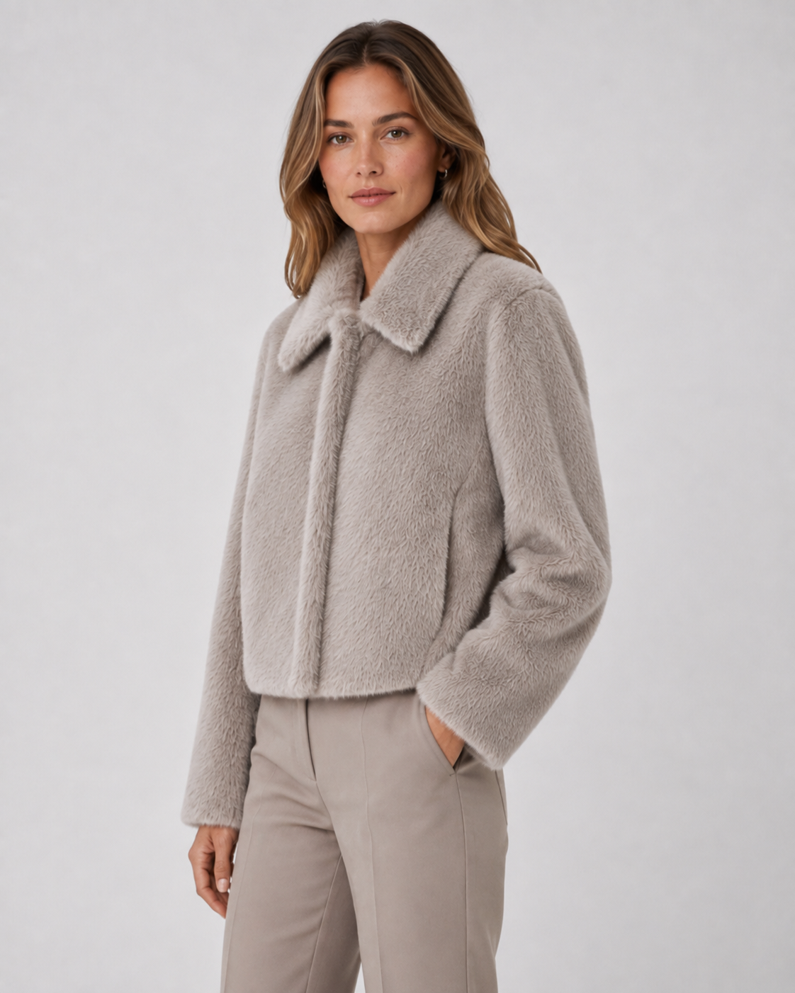 Women's Fur Jacket - Cropped Wide Collar Long Sleeve