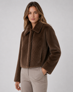 Women's Fur Jacket - Cropped Wide Collar Long Sleeve