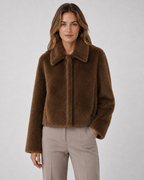 Women's Fur Jacket - Cropped Wide Collar Long Sleeve