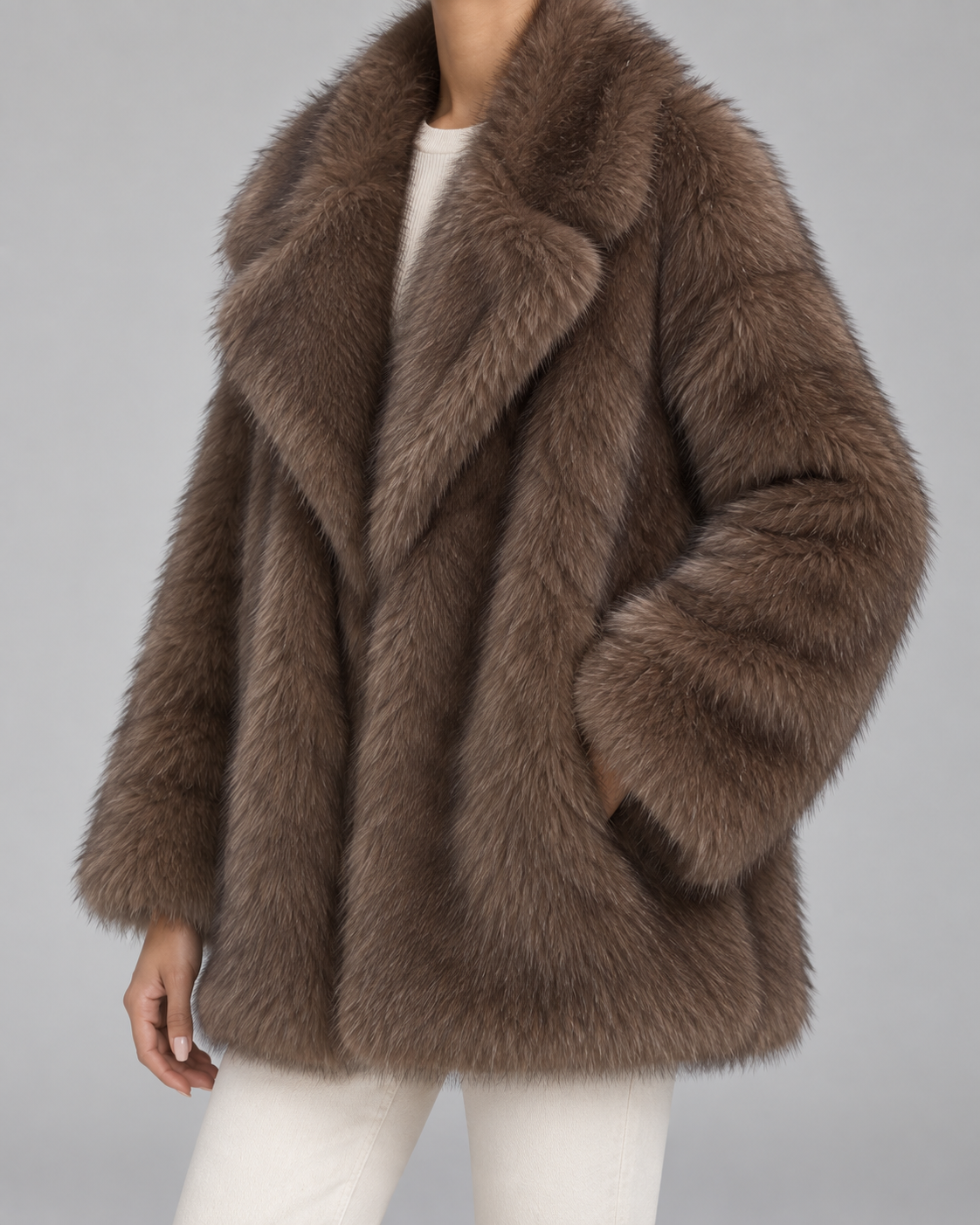 Women's Fur Jacket - Oversized Shawl Collar Hip Length