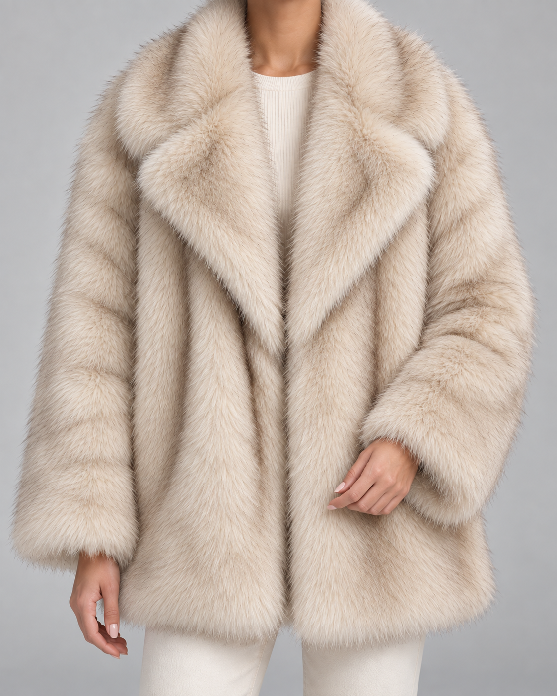 Women's Fur Jacket - Oversized Shawl Collar Hip Length