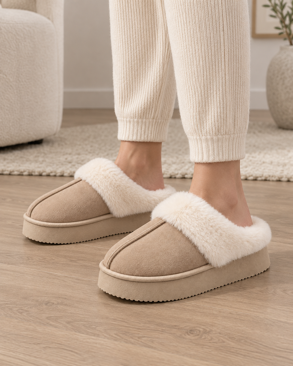 Women's Fur-Trim Platform Slippers – Closed Toe Backless