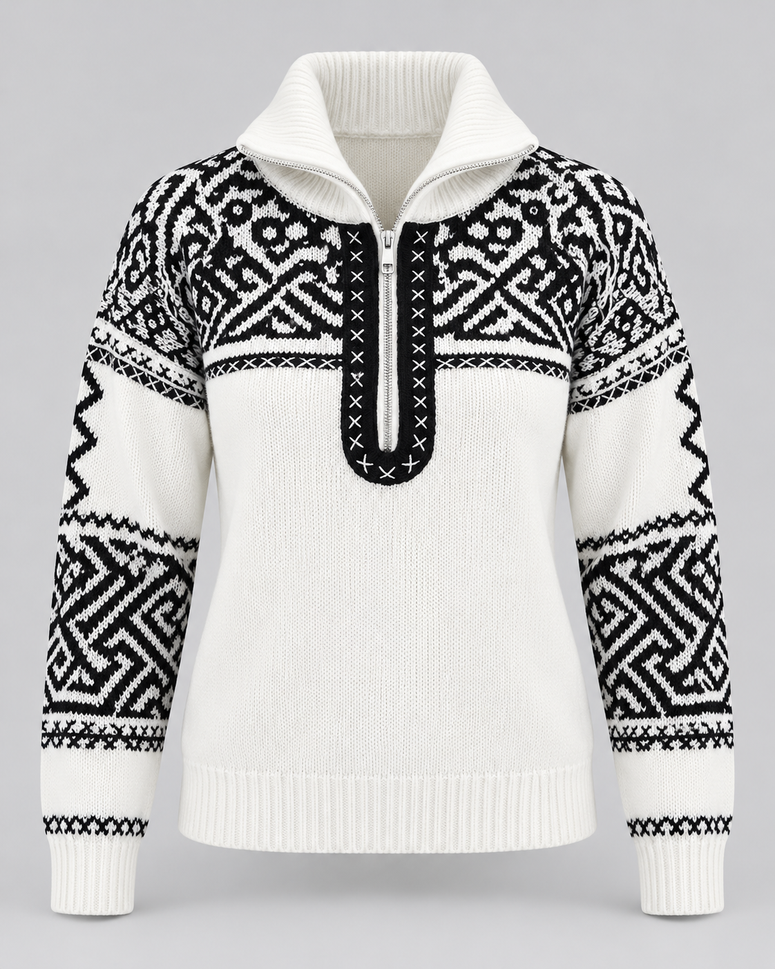 Women's Geometric Quarter Zip Jumper - Aztec Ribbed Collar