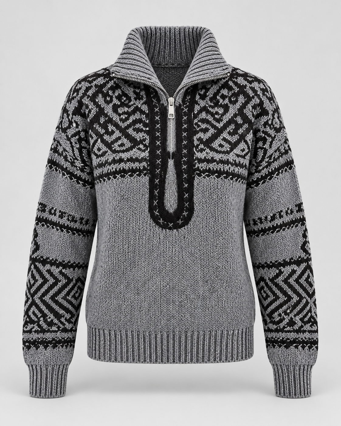 Women's Geometric Quarter Zip Jumper - Aztec Ribbed Collar
