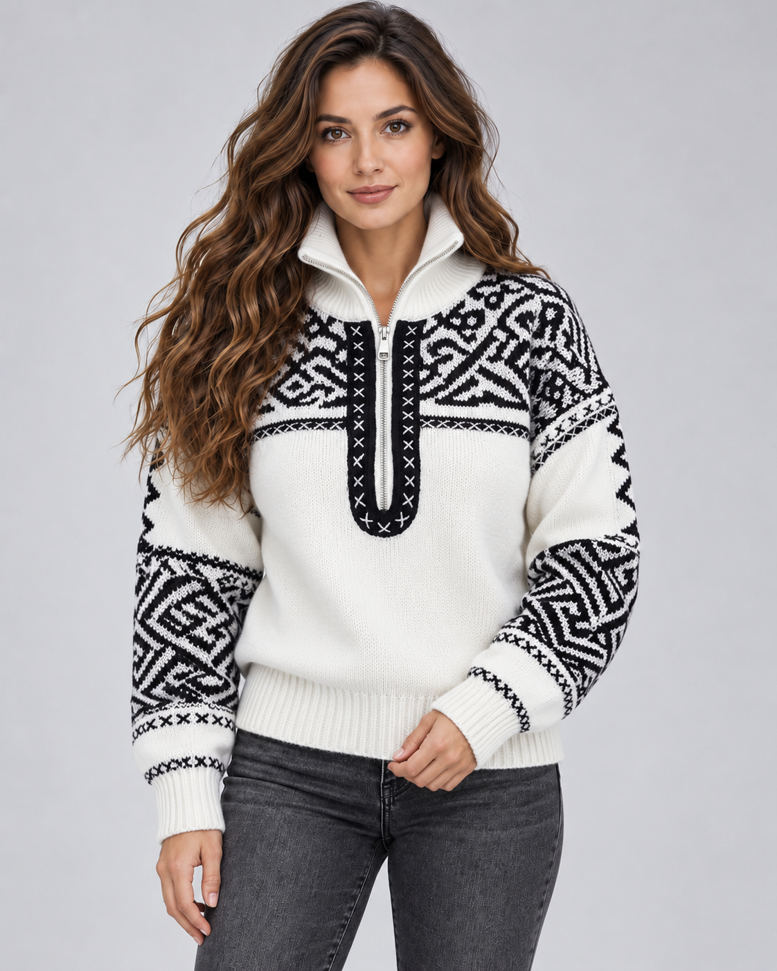 Women's Geometric Quarter Zip Jumper - Aztec Ribbed Collar