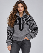 Women's Geometric Quarter Zip Jumper - Aztec Ribbed Collar