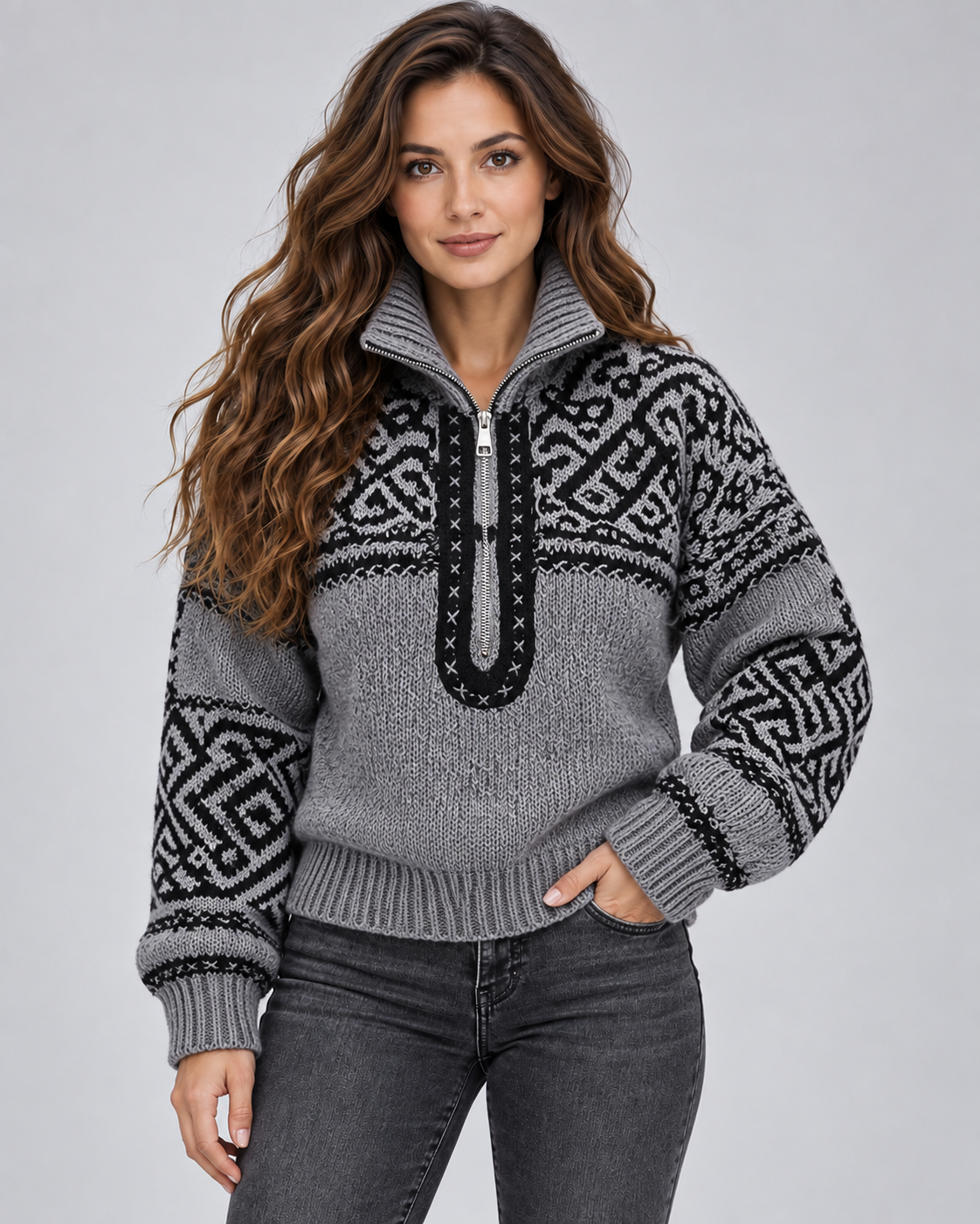 Women's Geometric Quarter Zip Jumper - Aztec Ribbed Collar