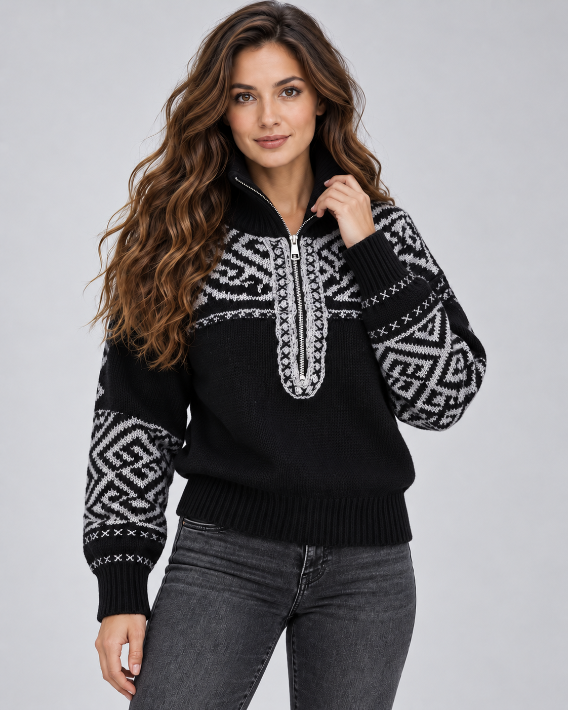 Women's Geometric Quarter Zip Jumper - Aztec Ribbed Collar