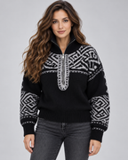 Women's Geometric Quarter Zip Jumper - Aztec Ribbed Collar