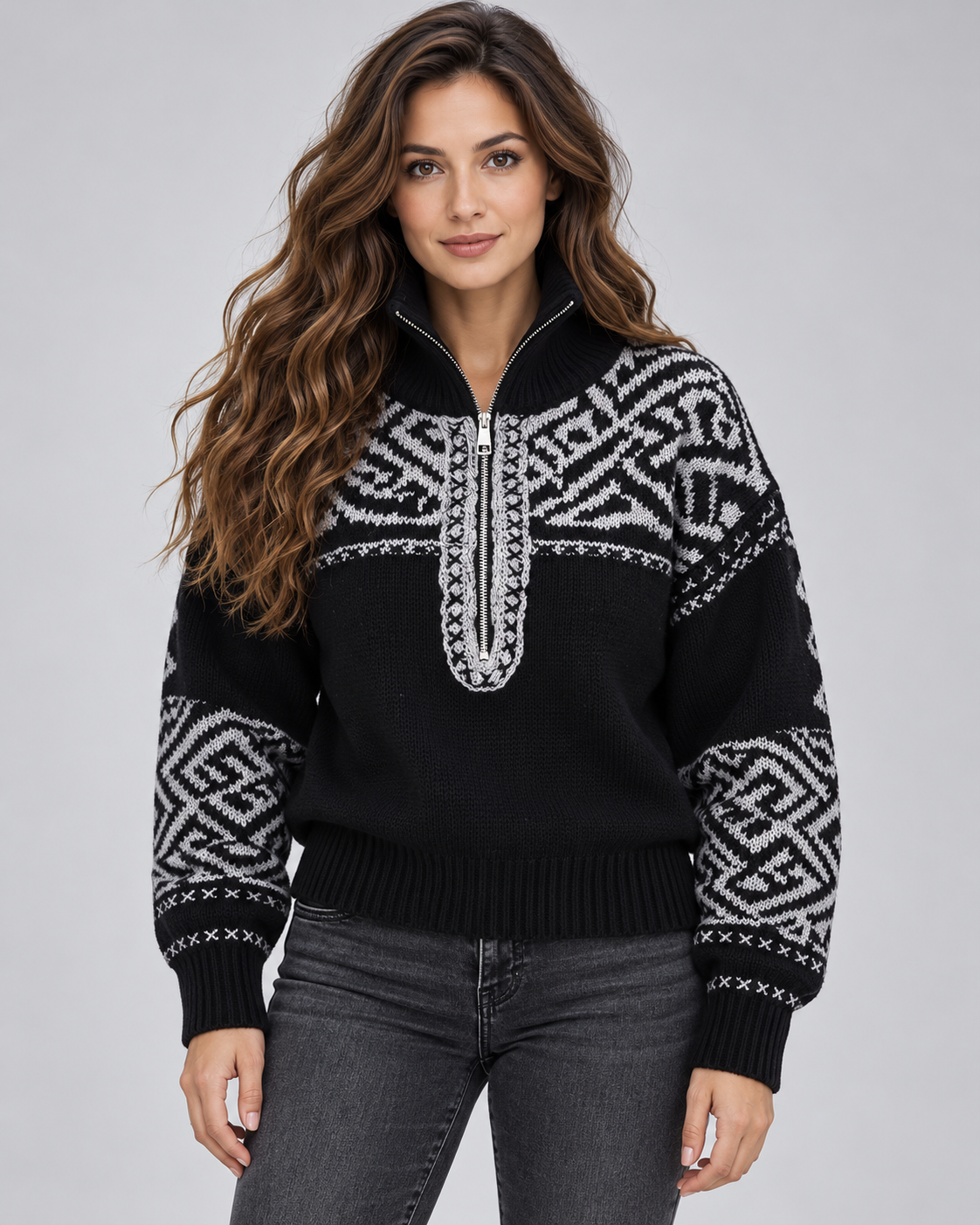 Women's Geometric Quarter Zip Jumper - Aztec Ribbed Collar