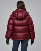 Women's Glossy Burgundy Puffer Jacket – Short Hooded High Collar