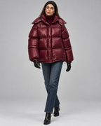 Women's Glossy Burgundy Puffer Jacket – Short Hooded High Collar