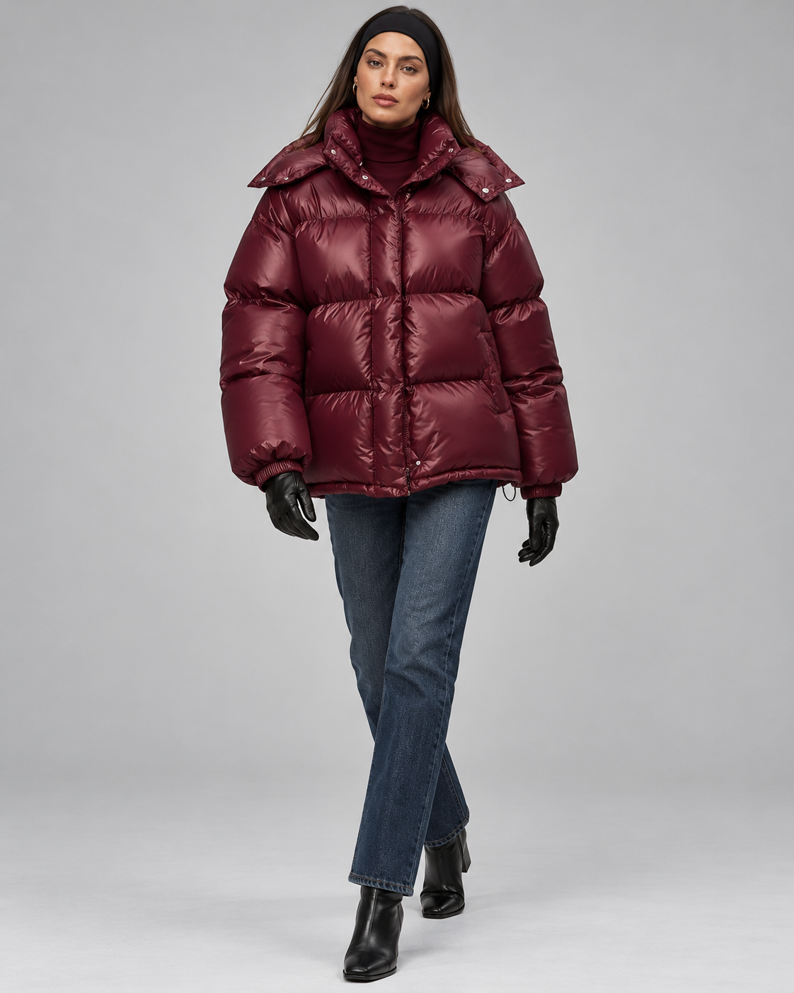 Women's Glossy Burgundy Puffer Jacket – Short Hooded High Collar