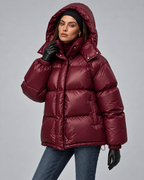 Women's Glossy Burgundy Puffer Jacket – Short Hooded High Collar