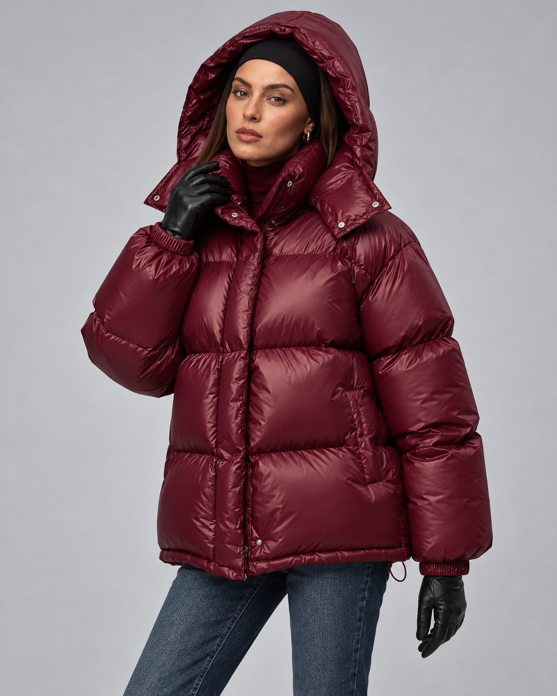 Women's Glossy Burgundy Puffer Jacket – Short Hooded High Collar