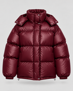 Women's Glossy Burgundy Puffer Jacket – Short Hooded High Collar