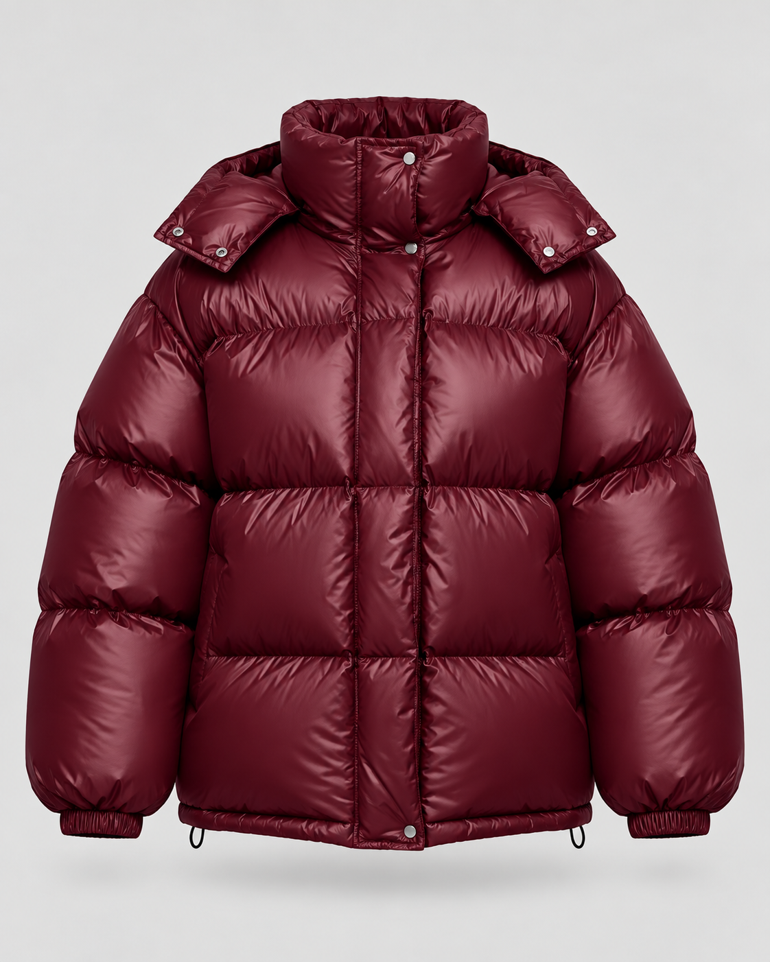 Women's Glossy Burgundy Puffer Jacket – Short Hooded High Collar