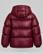 Women's Glossy Burgundy Puffer Jacket – Short Hooded High Collar