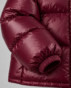 Women's Glossy Burgundy Puffer Jacket – Short Hooded High Collar