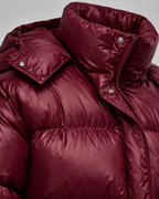 Women's Glossy Burgundy Puffer Jacket – Short Hooded High Collar