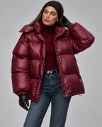 Women's Glossy Burgundy Puffer Jacket – Short Hooded High Collar