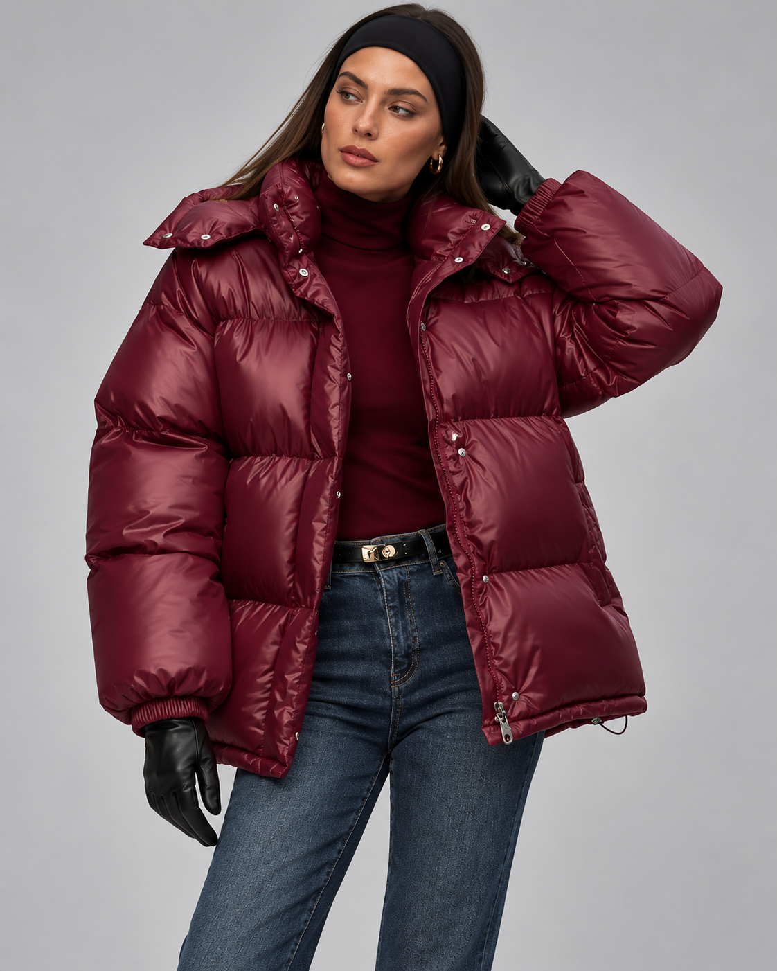 Women's Glossy Burgundy Puffer Jacket – Short Hooded High Collar