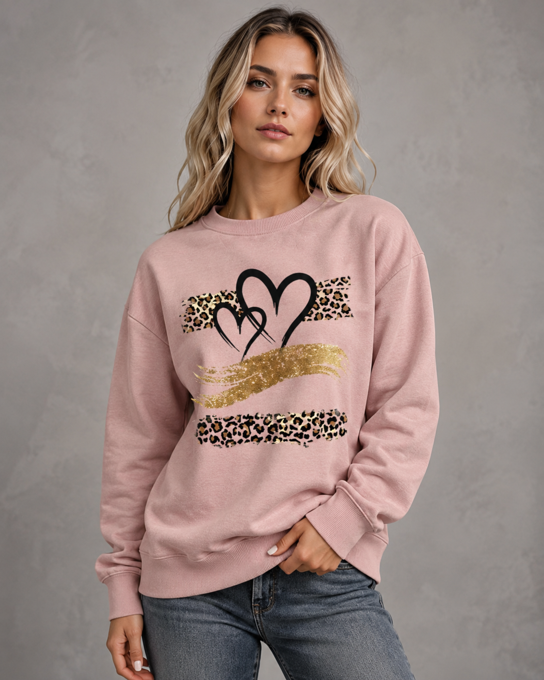 Women's Graphic Sweatshirt - Heart Leopard Print Drop Shoulder