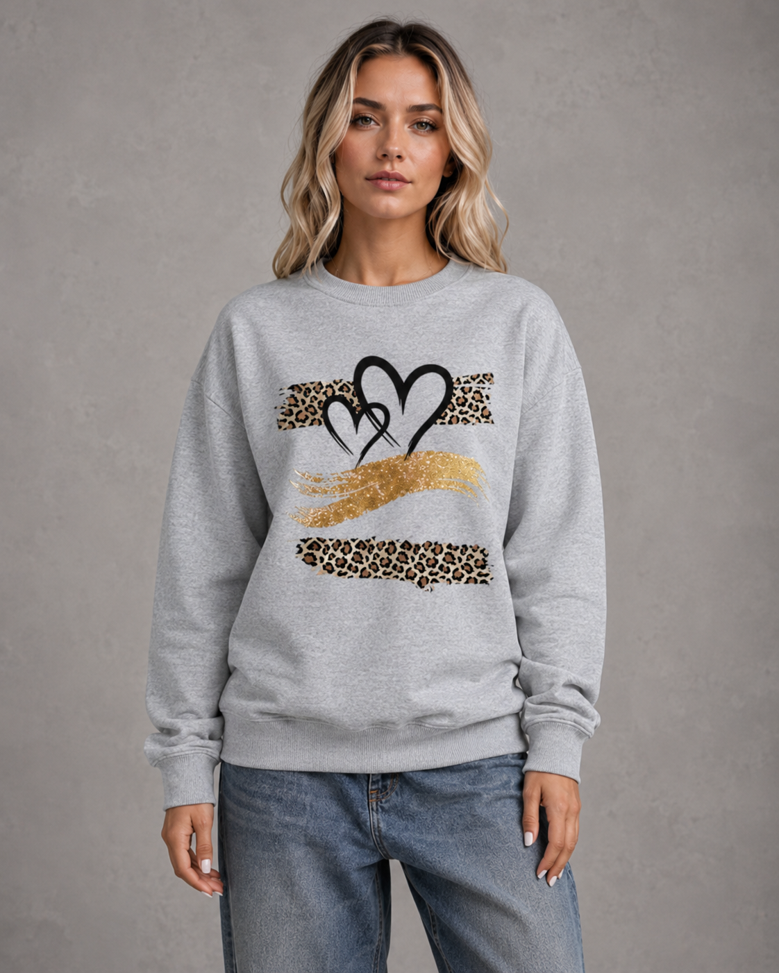 Women's Graphic Sweatshirt - Heart Leopard Print Drop Shoulder