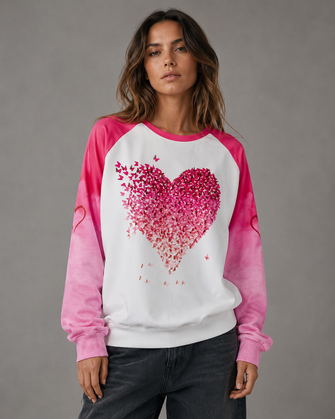 Women's Graphic Sweatshirt - Pink Raglan Butterfly Heart Print