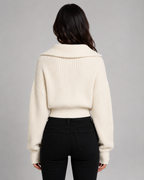 Women's Half-Zip Ribbed Knit Sweater - Cropped Funnel Neck