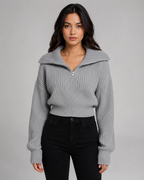 Women's Half-Zip Ribbed Knit Sweater - Cropped Funnel Neck