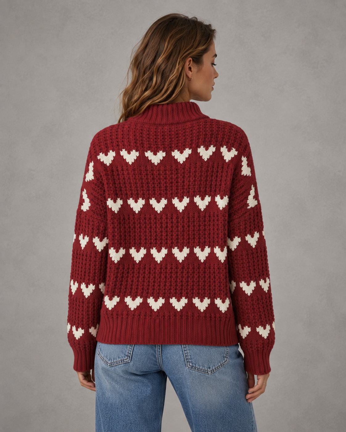 Women's Heart Pattern Chunky Knit Turtleneck Sweater - Relaxed Fit