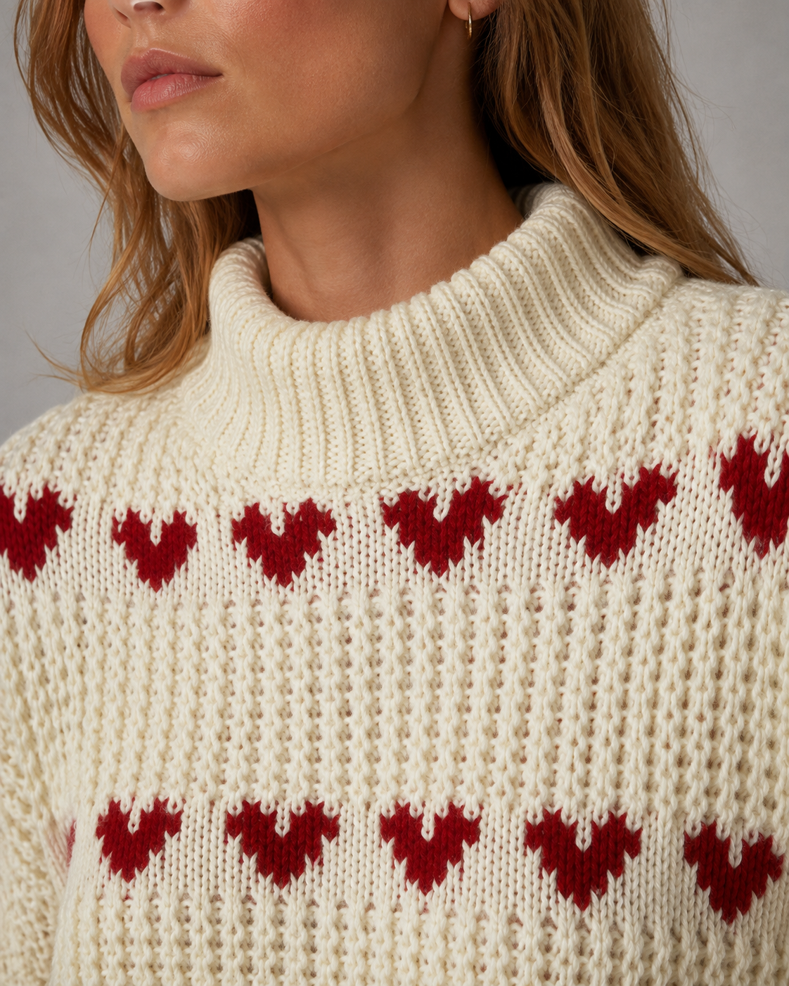 Women's Heart Pattern Chunky Knit Turtleneck Sweater - Relaxed Fit