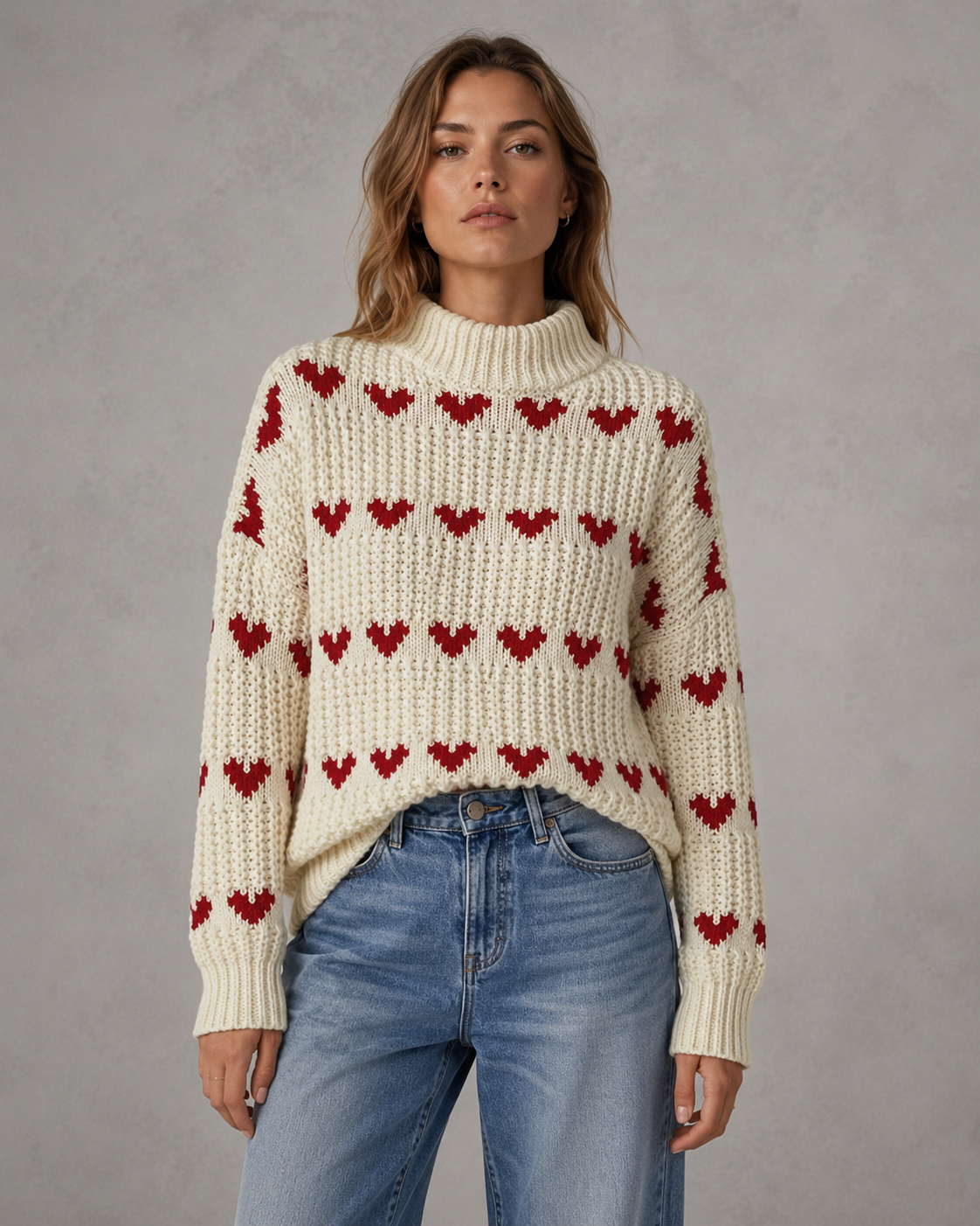 Women's Heart Pattern Chunky Knit Turtleneck Sweater - Relaxed Fit