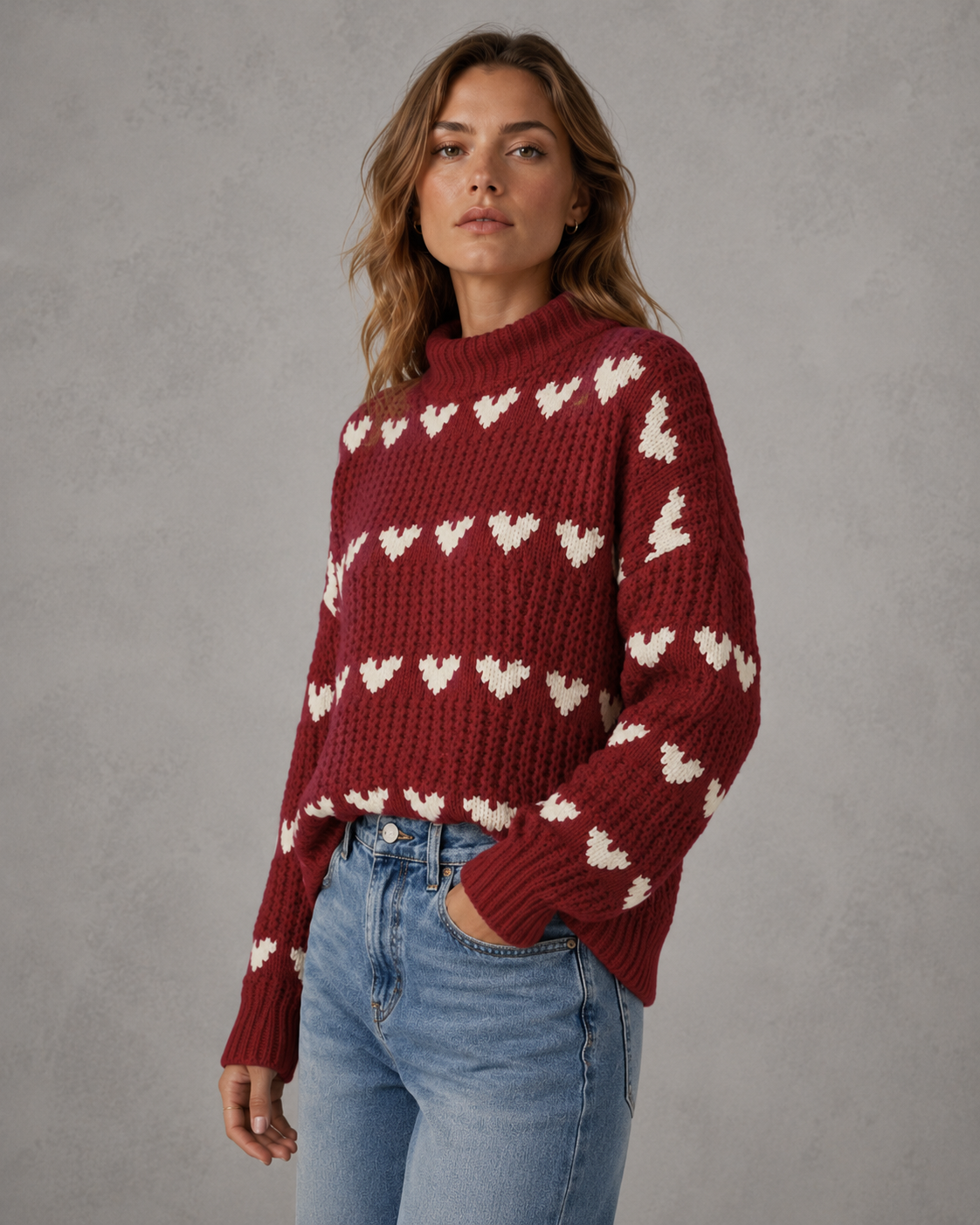 Women's Heart Pattern Chunky Knit Turtleneck Sweater - Relaxed Fit