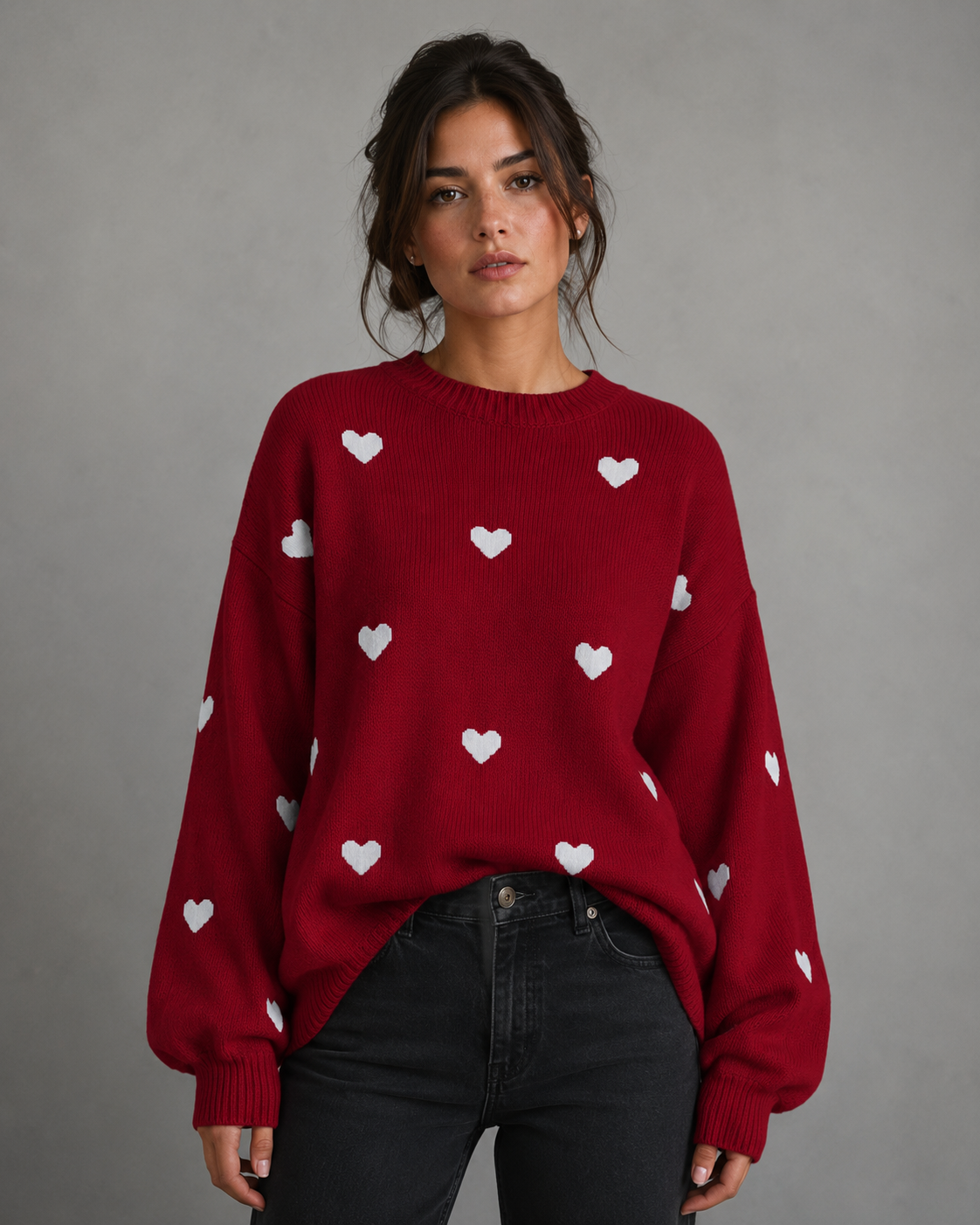 Women's Heart Print Knit Sweater - Relaxed Drop Shoulder Fit