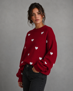 Women's Heart Print Knit Sweater - Relaxed Drop Shoulder Fit