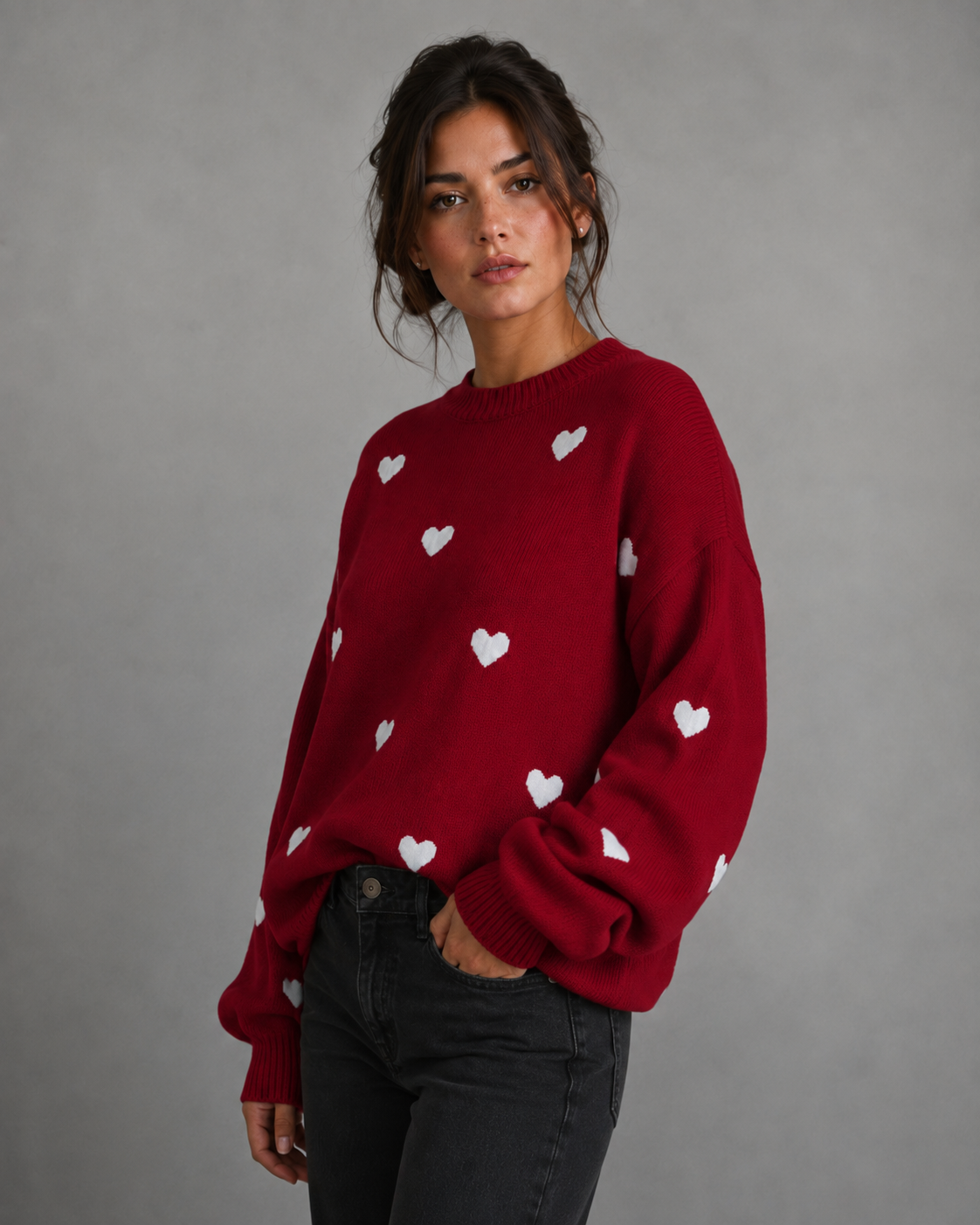Women's Heart Print Knit Sweater - Relaxed Drop Shoulder Fit