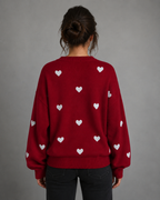 Women's Heart Print Knit Sweater - Relaxed Drop Shoulder Fit
