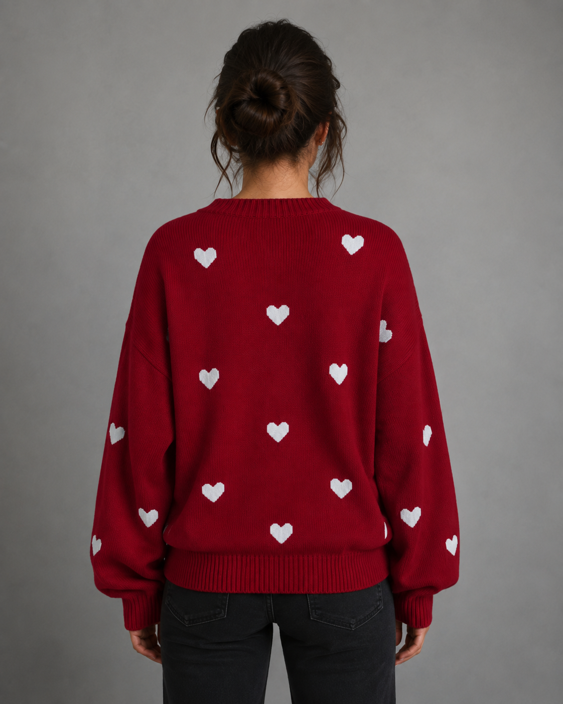 Women's Heart Print Knit Sweater - Relaxed Drop Shoulder Fit