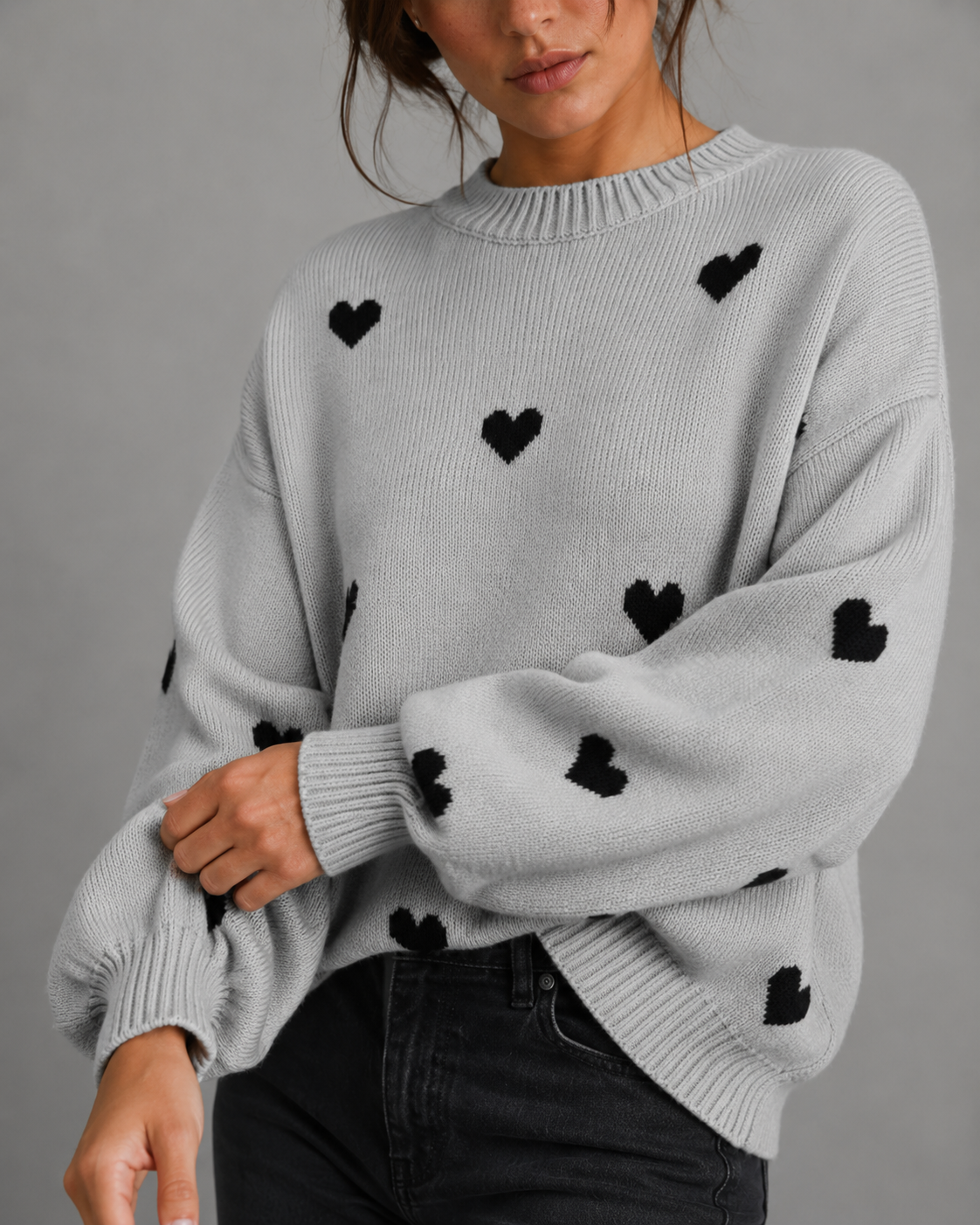 Women's Heart Print Knit Sweater - Relaxed Drop Shoulder Fit
