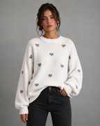 Women's Heart Print Knit Sweater - Relaxed Drop Shoulder Fit
