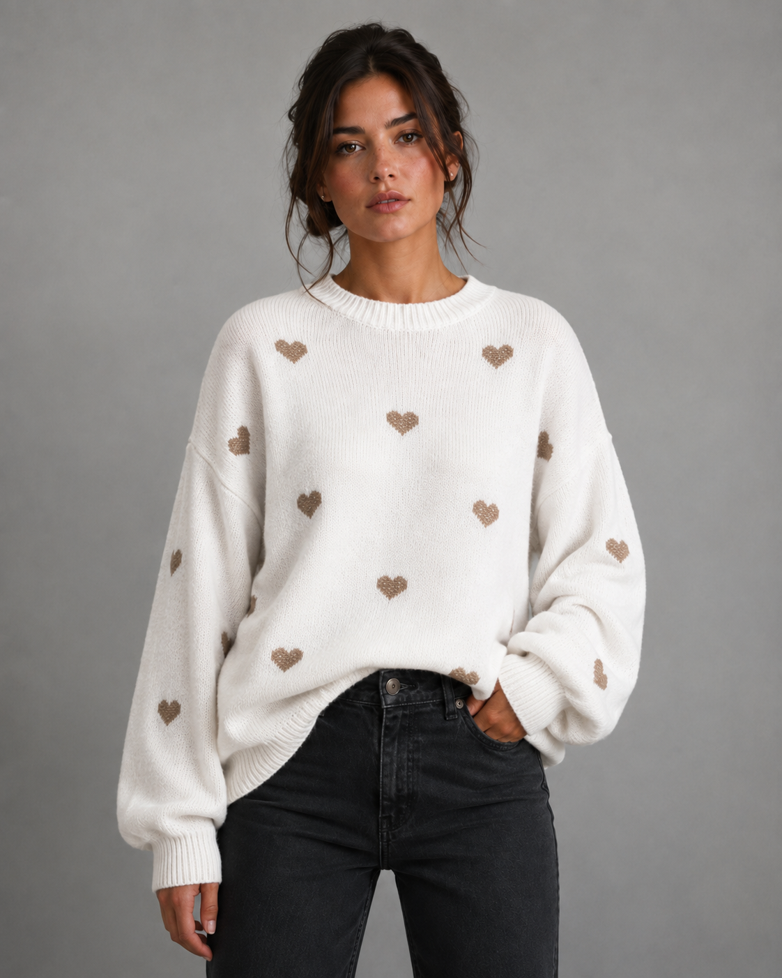 Women's Heart Print Knit Sweater - Relaxed Drop Shoulder Fit