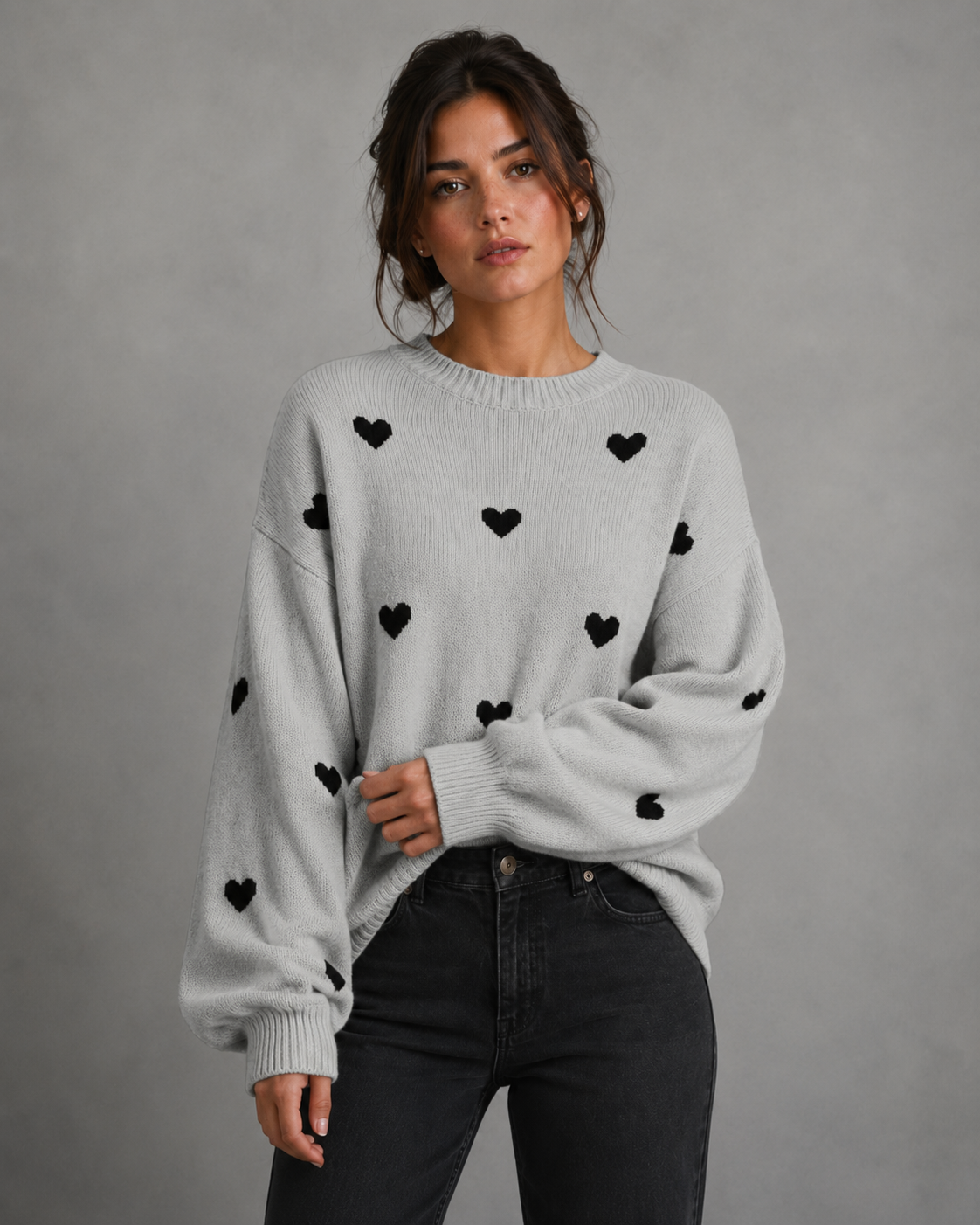 Women's Heart Print Knit Sweater - Relaxed Drop Shoulder Fit