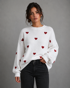 Women's Heart Print Knit Sweater - Relaxed Drop Shoulder Fit