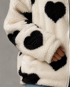 Women's Heart Print Teddy Fleece Jacket - Full Zip Relaxed Fit